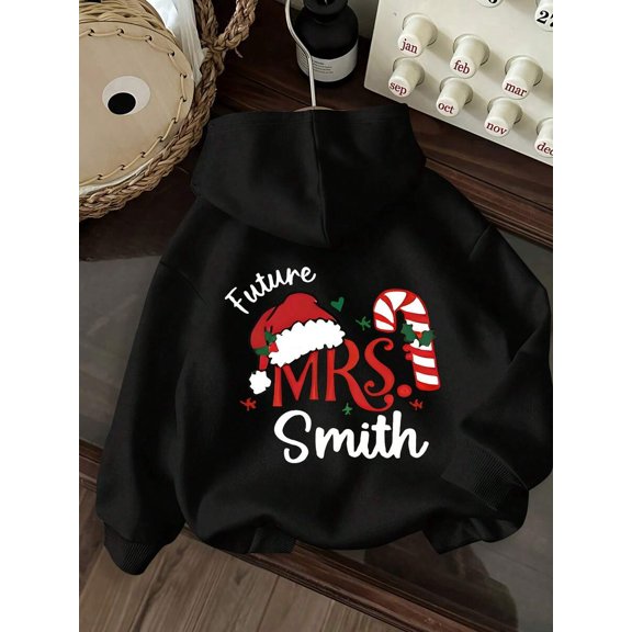 Women Christmas Kangaroo Pocket Pullover Hooded Sweatshirt, Christmas Letter & Mrs. Personalization Back Design