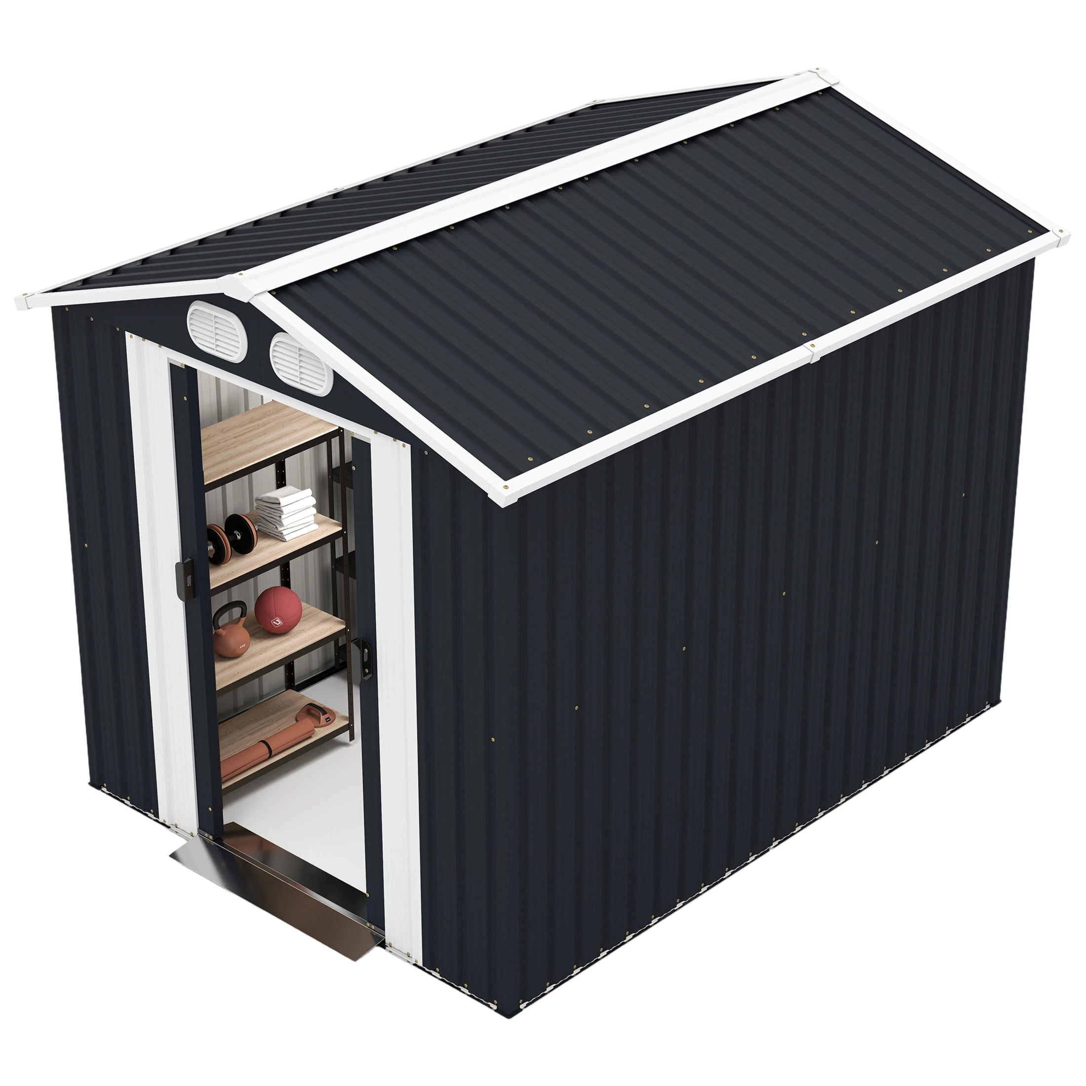 Noble House 8 x 6 FT Outdoor Metal Tool Storage Shed with Lockable Doors and Air Vents, Waterproof Garden Shed, Dark Gray