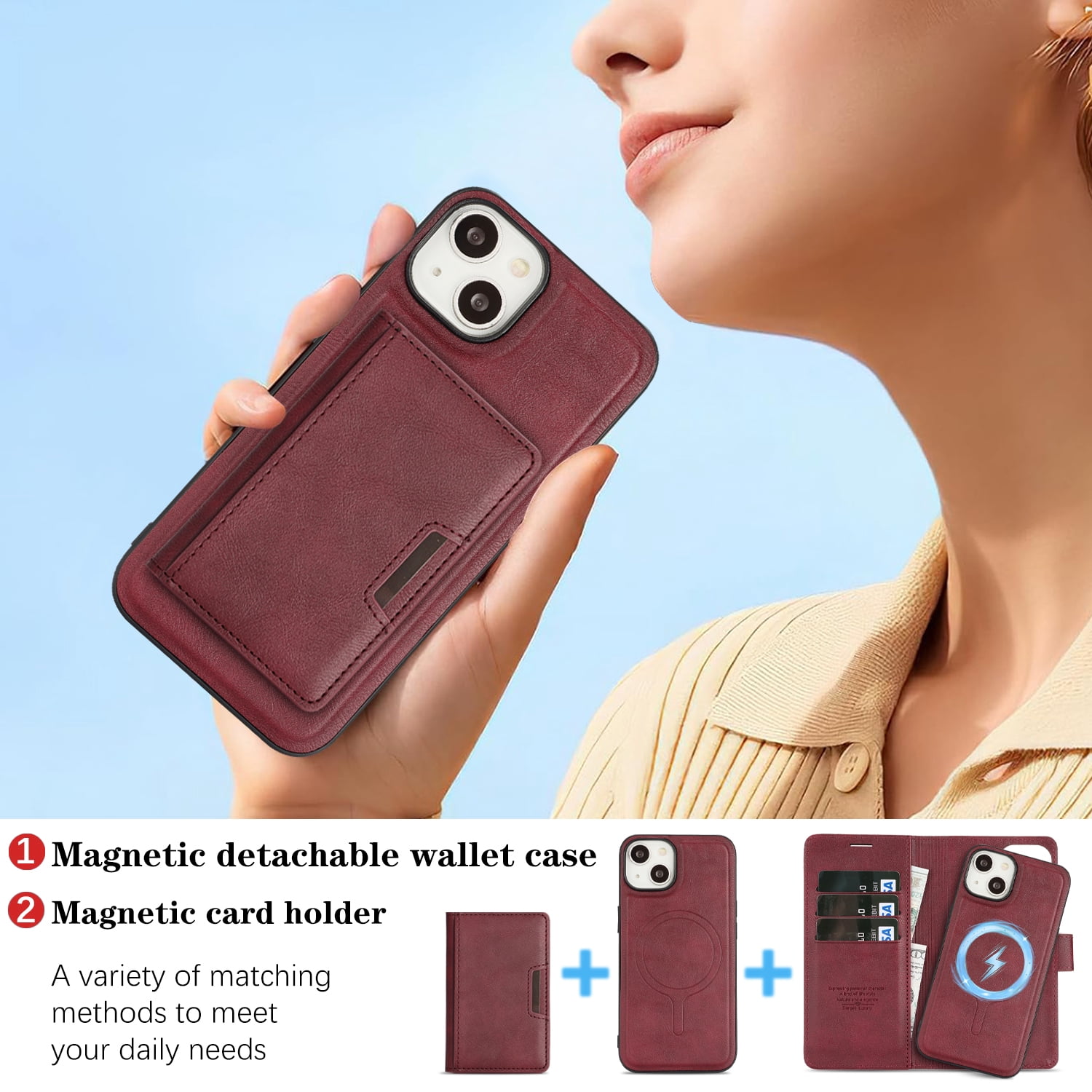 Dteck for iPhone 15 Case Detachable Wallet Case with Card Holder, 3 in 1 PU Leather Flip Folio with RFID Blocking Stand Shockproof Phone Cover,Red