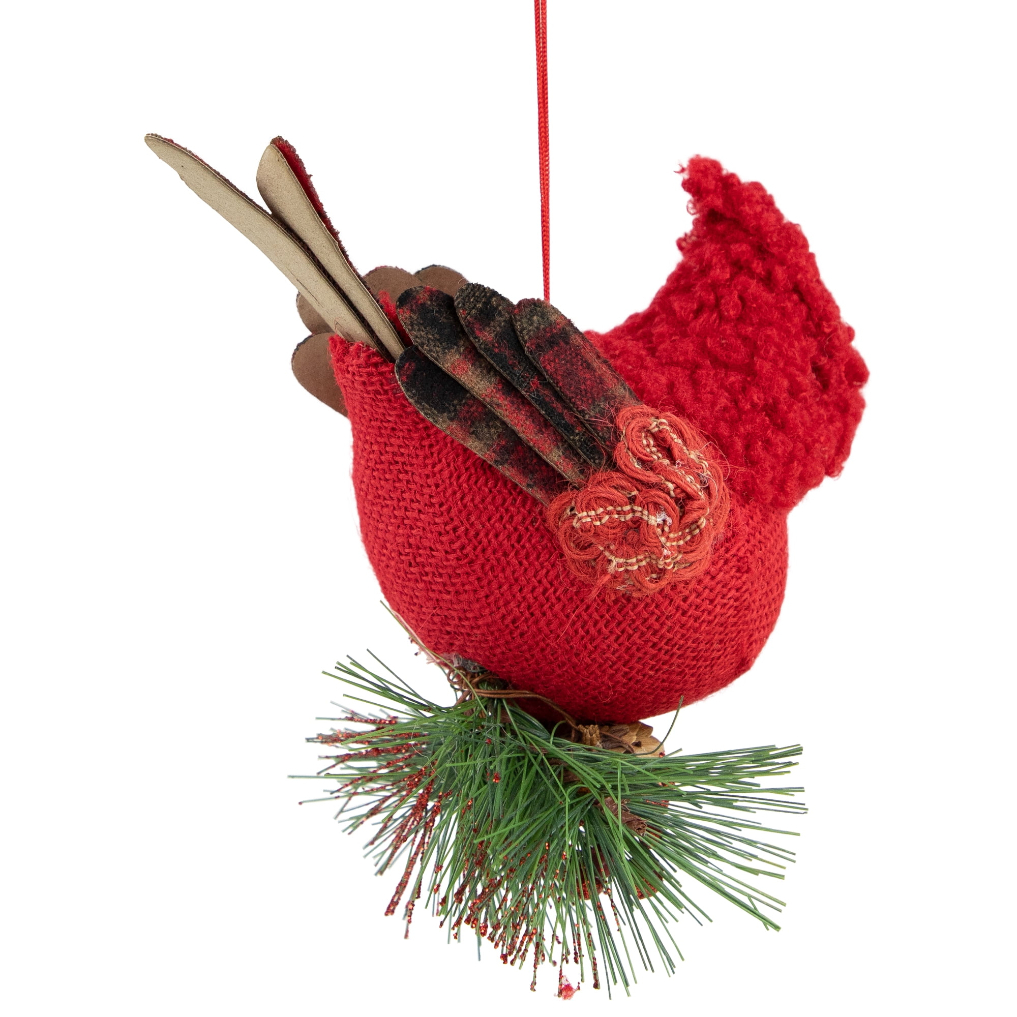 4.75" Burlap and Plaid Cardinal on Pine Sprig Christmas Ornament