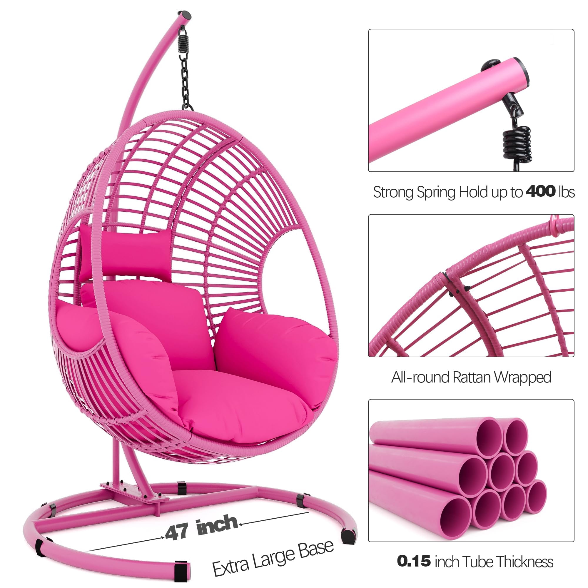 Oversized Hanging Egg Chair Outdoor Indoor, Wicker Swing Egg Chair with Stand  Rain Cover UV Resistant Cushion 400lbs Capacity for Bedroom, Patio, Garden and Balcony (Pink-Regular)