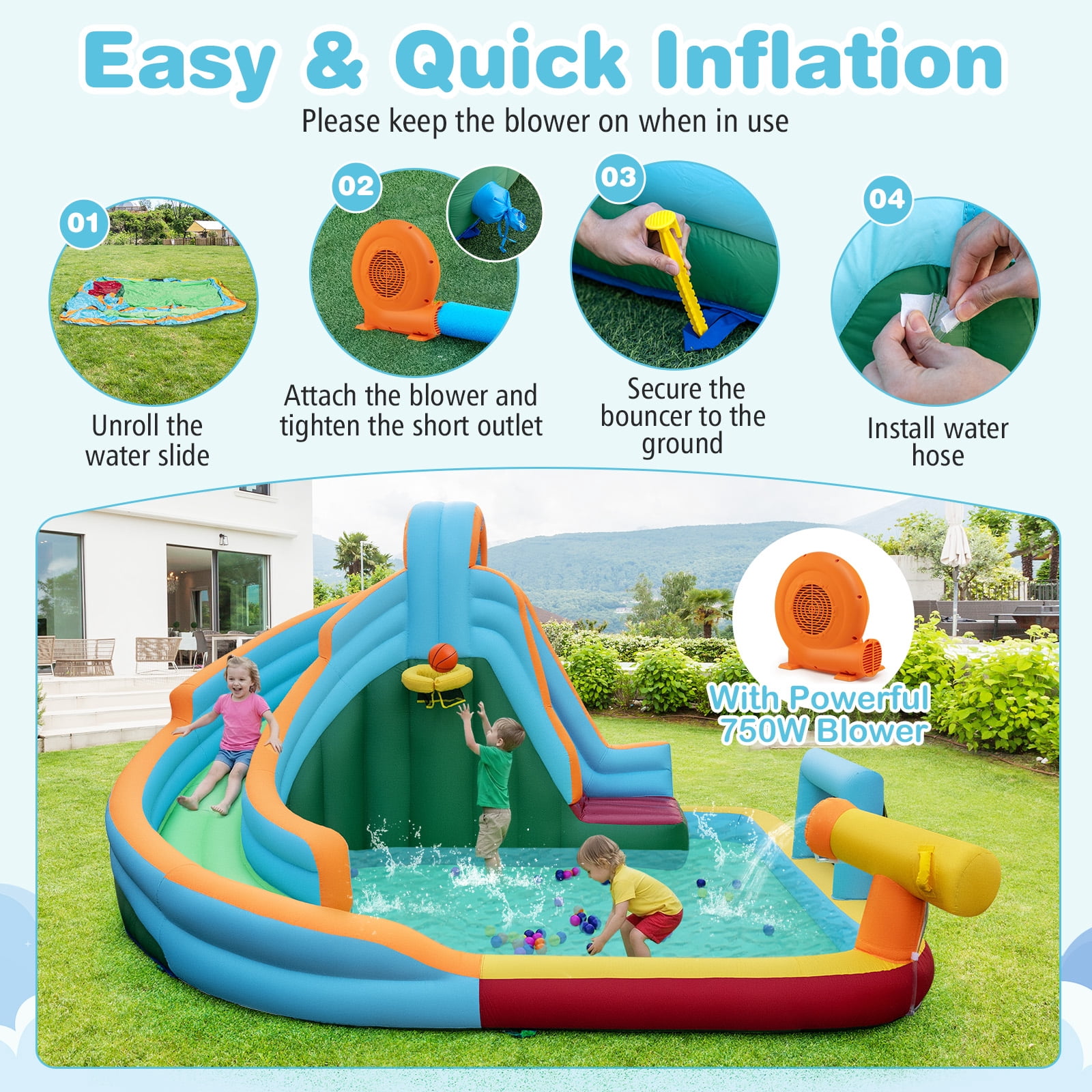 Gymax Inflatable Water Slide Park w/Long Slide Splash Pool Climbing Wall 750W Blower