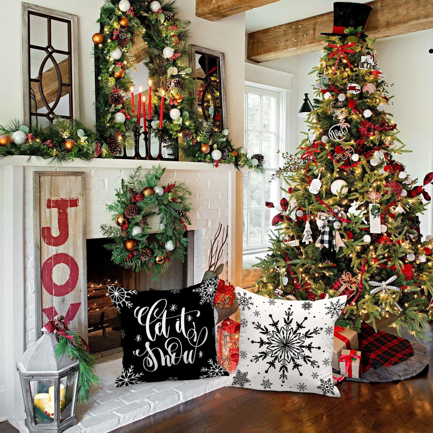 Christmas Throw Pillow Covers 16x16 4 pcs, Black White Merry Christmas Xmas Winter Snowflake Decorative Holiday Cushion Pillow Cases 16 x 16 Indoor Farmhouse Home Room Couch Sofa Decor