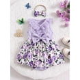 thumbnail image 4 of Infant Baby Girl Romper Dress Floral Print Ribbed Lace Trim Wrap V-Neck Jumpsuit with Bow Headband, 4 of 10