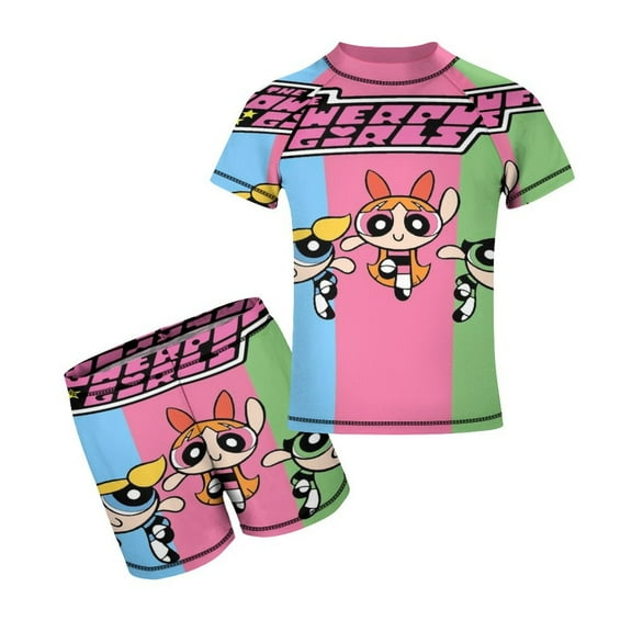 Kids Powerpuff Girls Short Sleeve Swimwear Boys Two Piece Rash Guard Sets For Beach Pool