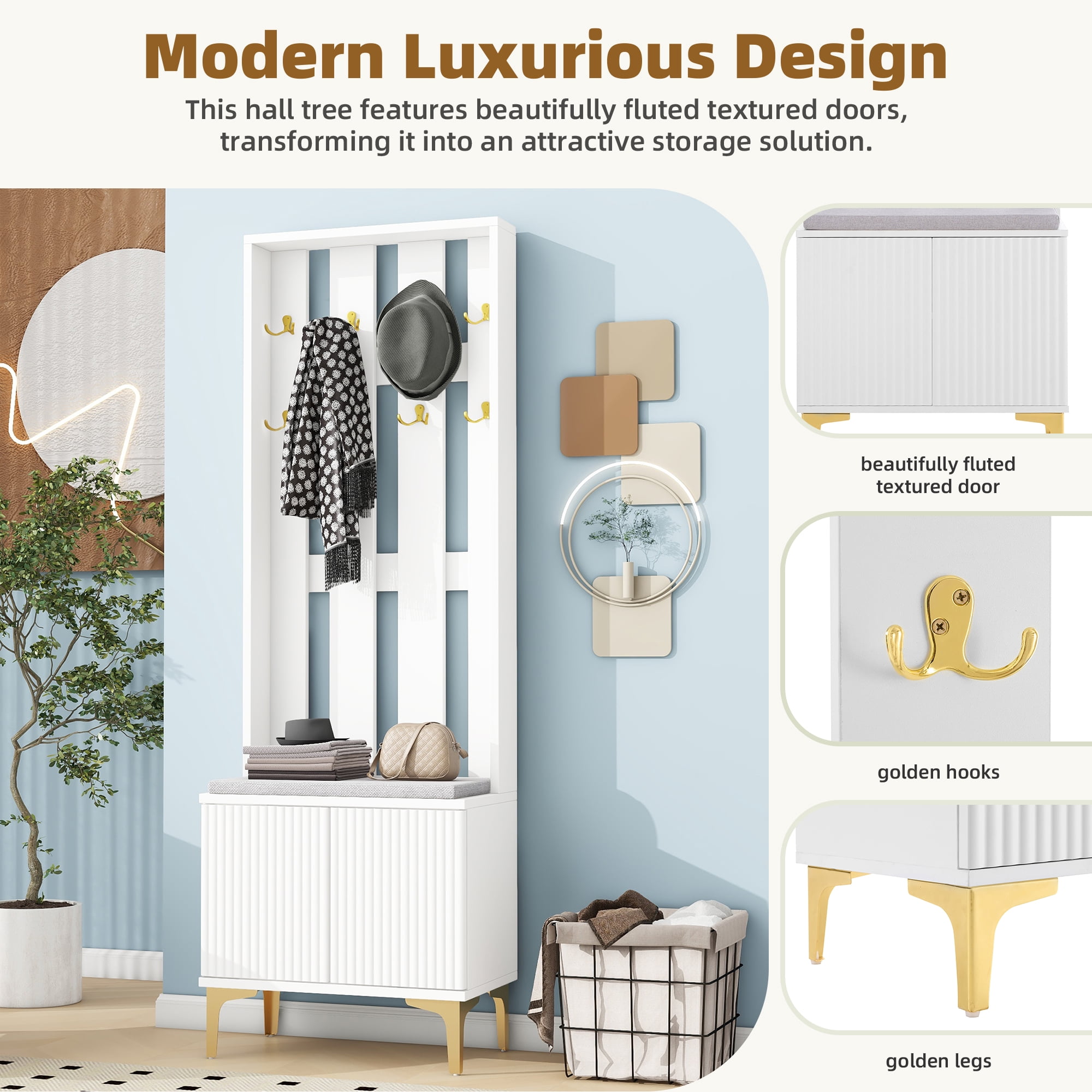 MAYEERTY 4-in-1 Hall Tree: Modern Entryway Bench with Cushion, 8 Gold Hooks, Adjustable Shelves, White
