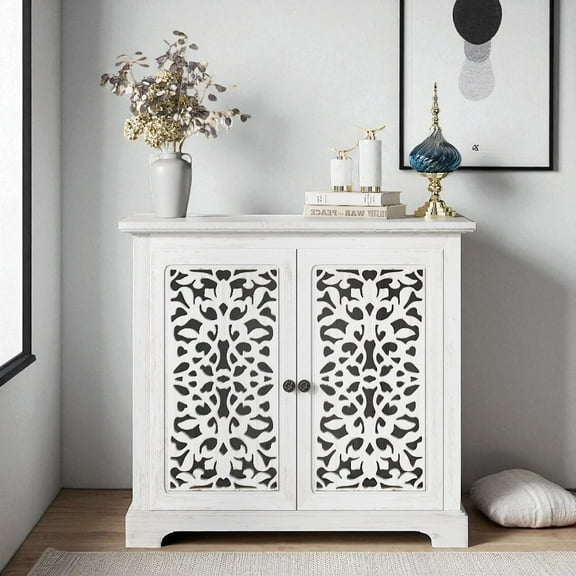 GZXS 31.5-Inch Vintage Accent Cabinet with 2 Hollow-Carved Doors, Antique White Decorative Storage Console Cupboard for Living Room, Kitchen, Dining Room