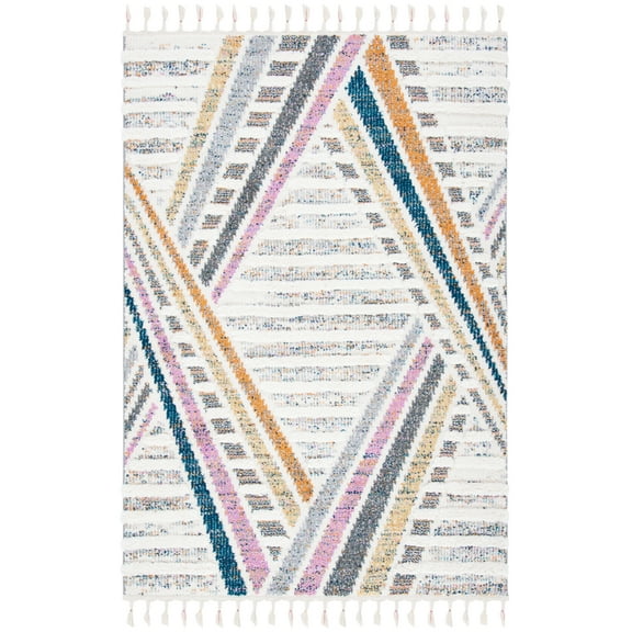 SAFAVIEH Moroccan Fringe Billy Geometric Striped Shag Area Rug, Ivory/Grey, 8' x 10'