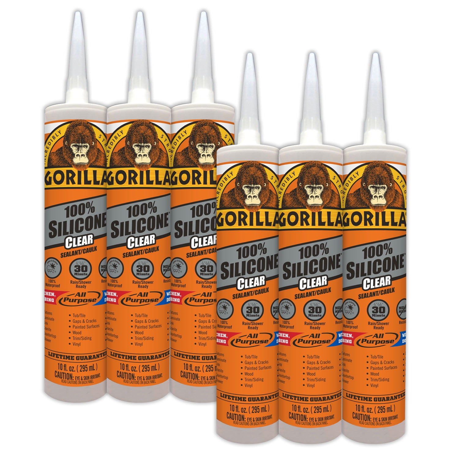 Gorilla Clear Sealant Caulk 10 ounce Cartridges, 6 Pack