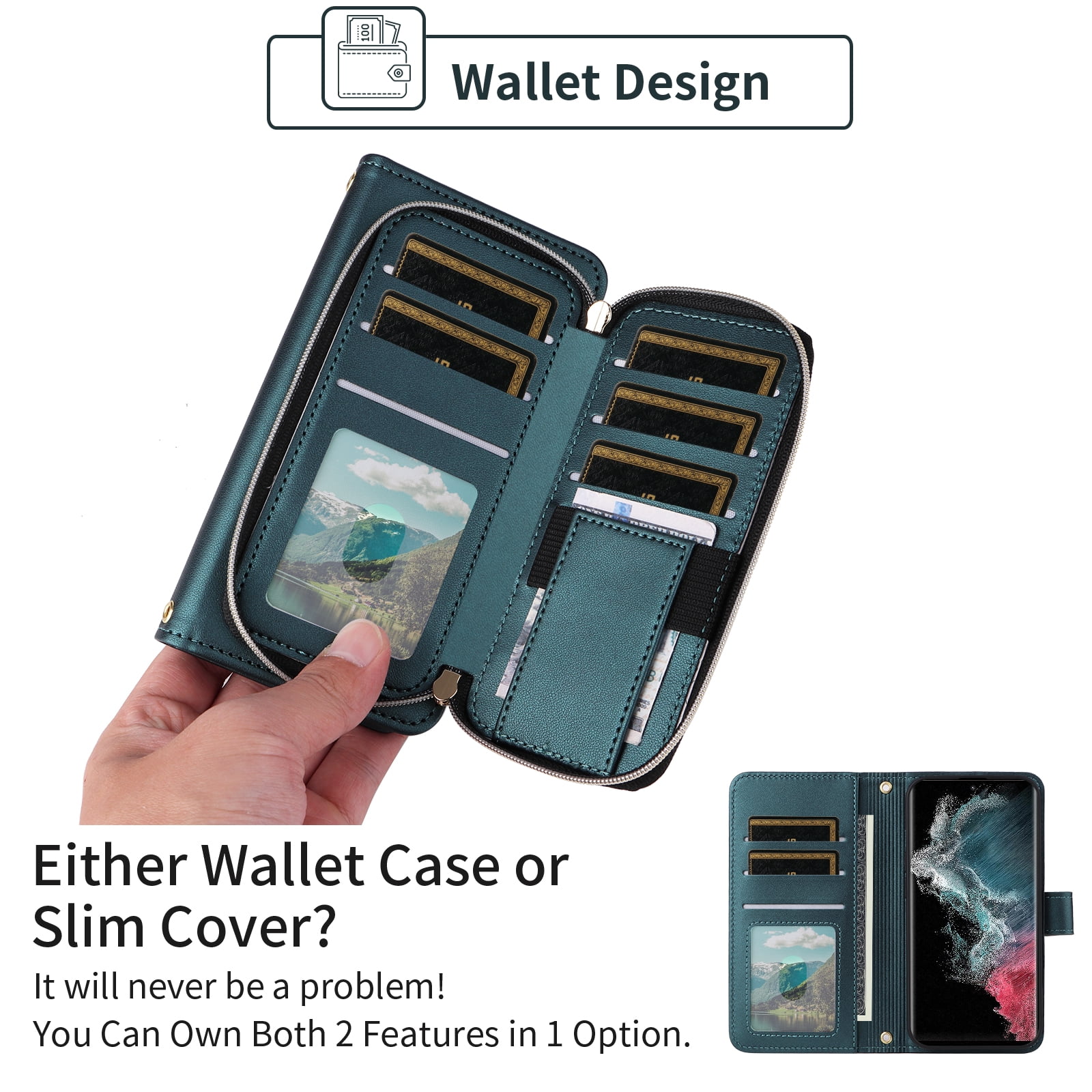 Furiet Wallet Case for Samsung Galaxy S23 Ultra 5G with Wrist Strap Shoulder Strap, 9+ Card Slots Zipper Purse, Luxury PU Leather Stand Phone Cover for S23Ultra 23S S 23 23Ultra 6.8 inch Women Green