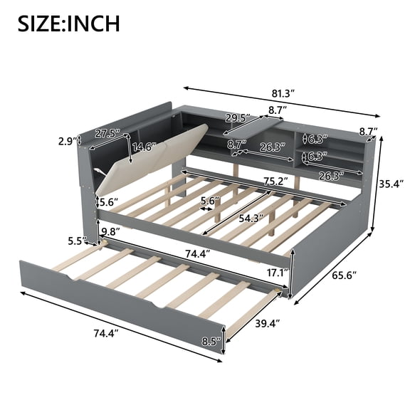 Dokea Full Size Platform Bed with Trundle, Shelves & Storage Headboard - Gray - Bed Frame