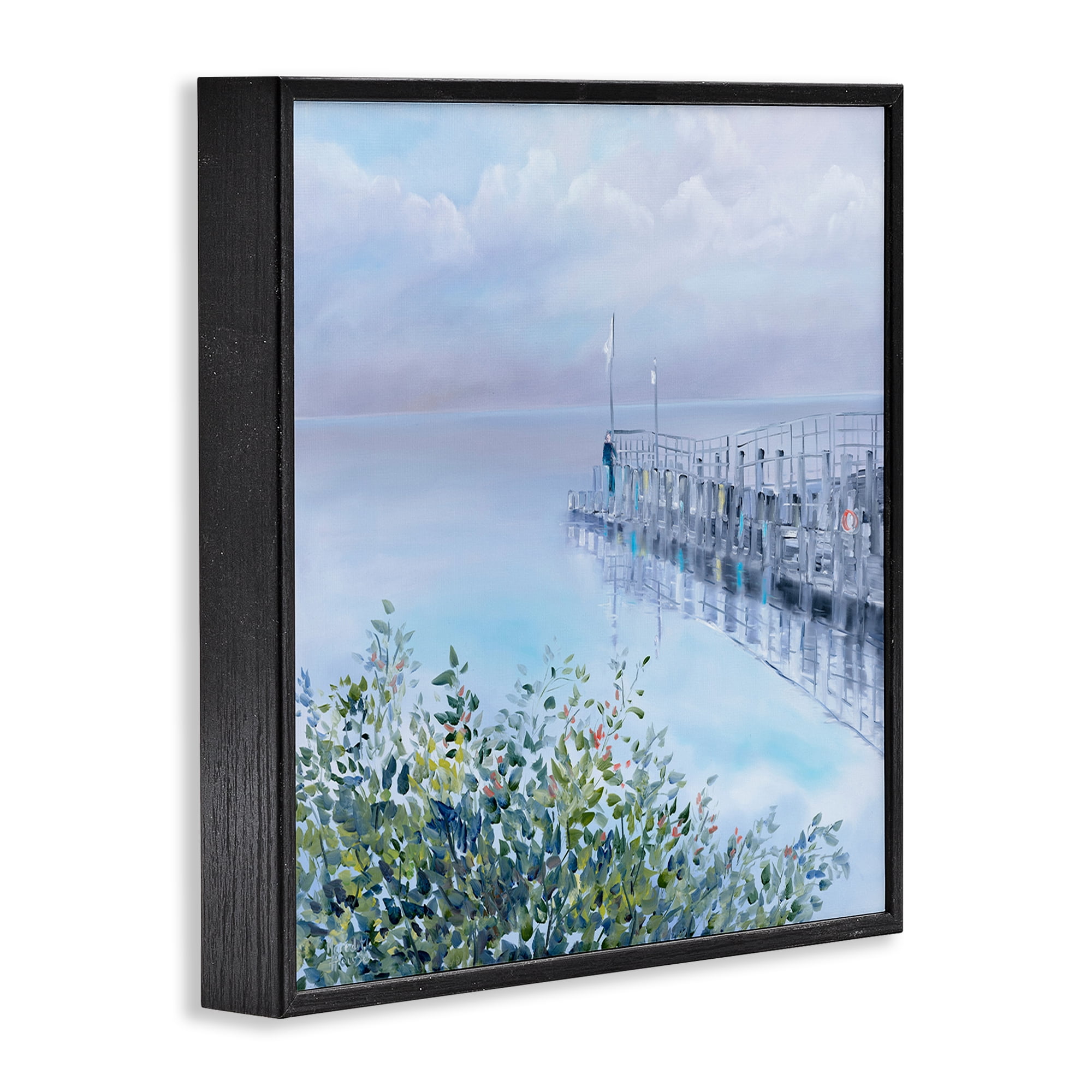 Stupell Industries Foggy Harbor Dock Landscape Painting Black Framed Art Print Wall Art, 24 x 24