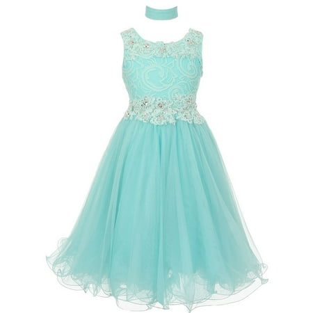 - Girls Aqua Lace Mesh Rhinestone Wired Flower Girl Dress 8-20