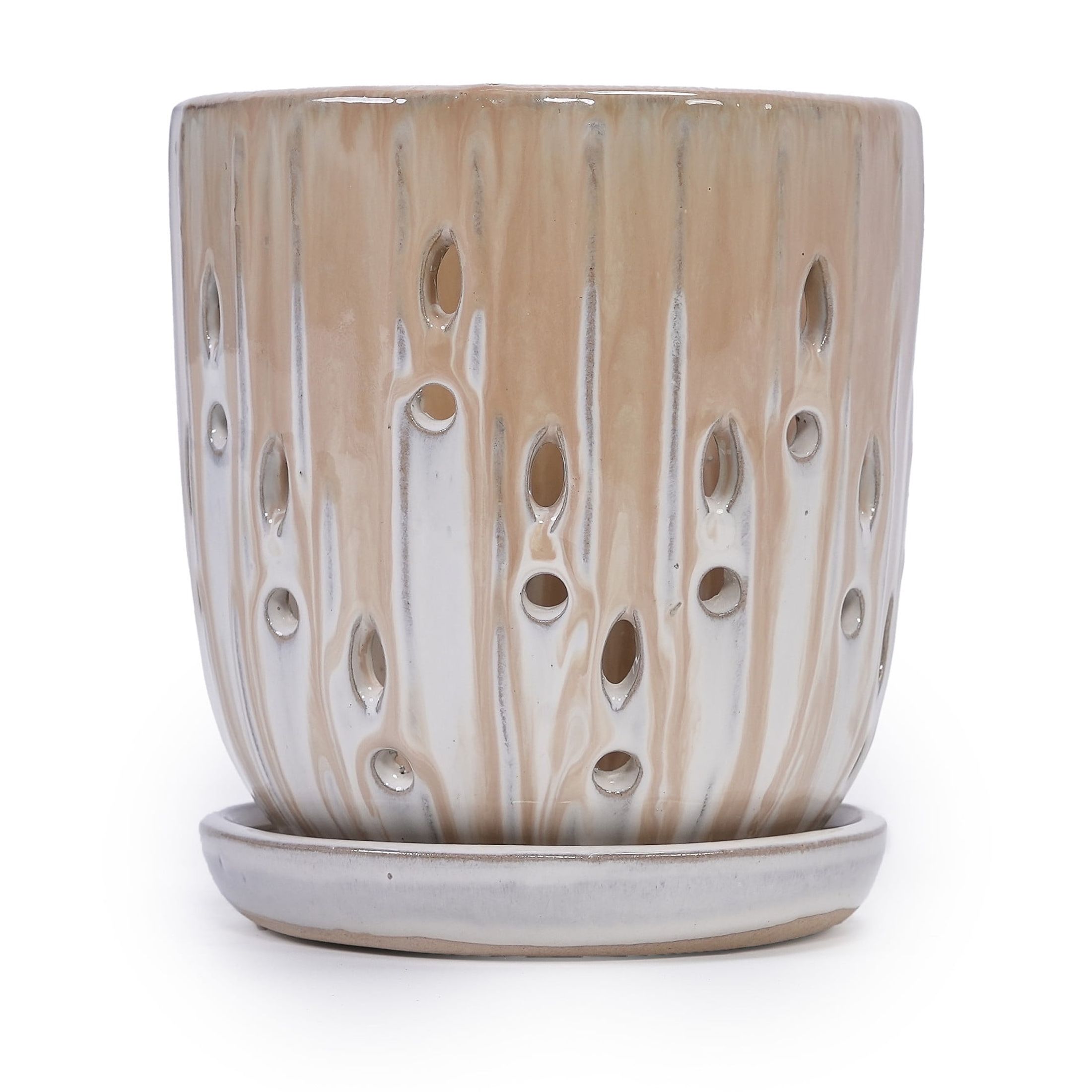 Noble House Katherine Striped Ceramic Planter Set, Weather-Resistant Flowerpots with Drainage Hole, Set of 2, Brown + White