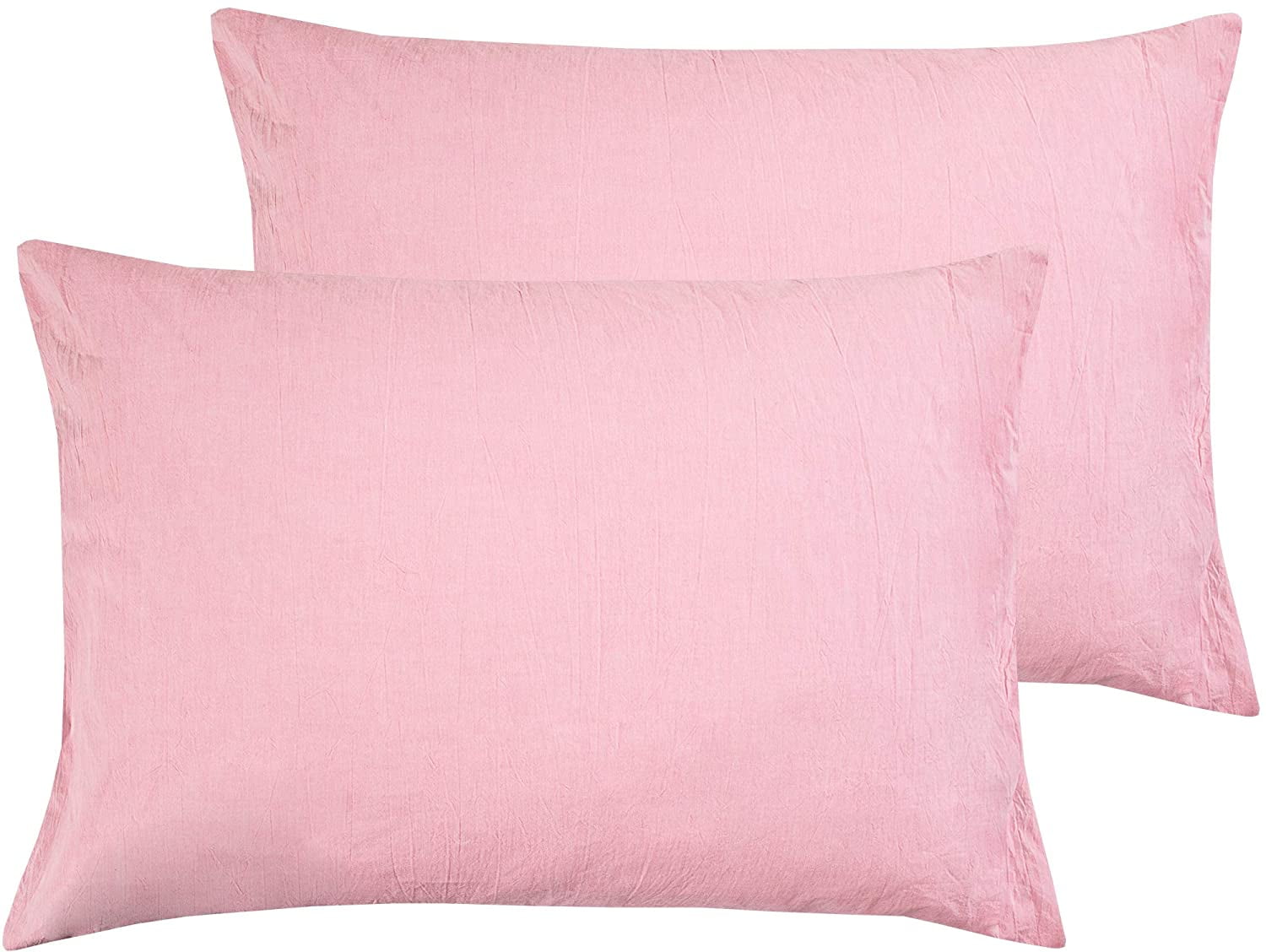 Washed Cotton Queen Size Pillowcases, 2 Pack Breathable Yarn Dyed Solid
