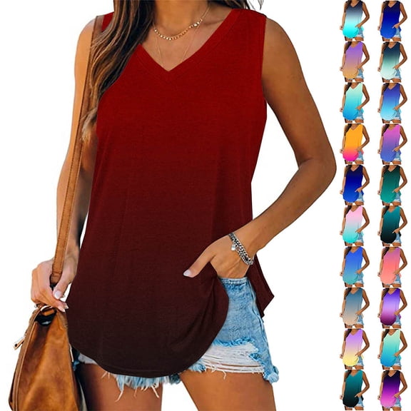 DailkTrvid Summer Women's Gradient Color Tank Top V-Neck Classic Tops Basic Casual Loose Fit Flowy T-Shirt Tunic Blouses Basic Sleeveless Vests
