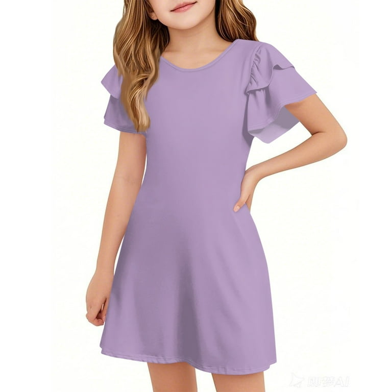 TQWQT Girls Light Purple Dresses Summer Cute Beach Dress Kids Crew Neck Size 10-12 A Line Sundress Ruffle Short Sleeve Girls Dresses Tween Girls T-Shirt Dress Light Purple 140