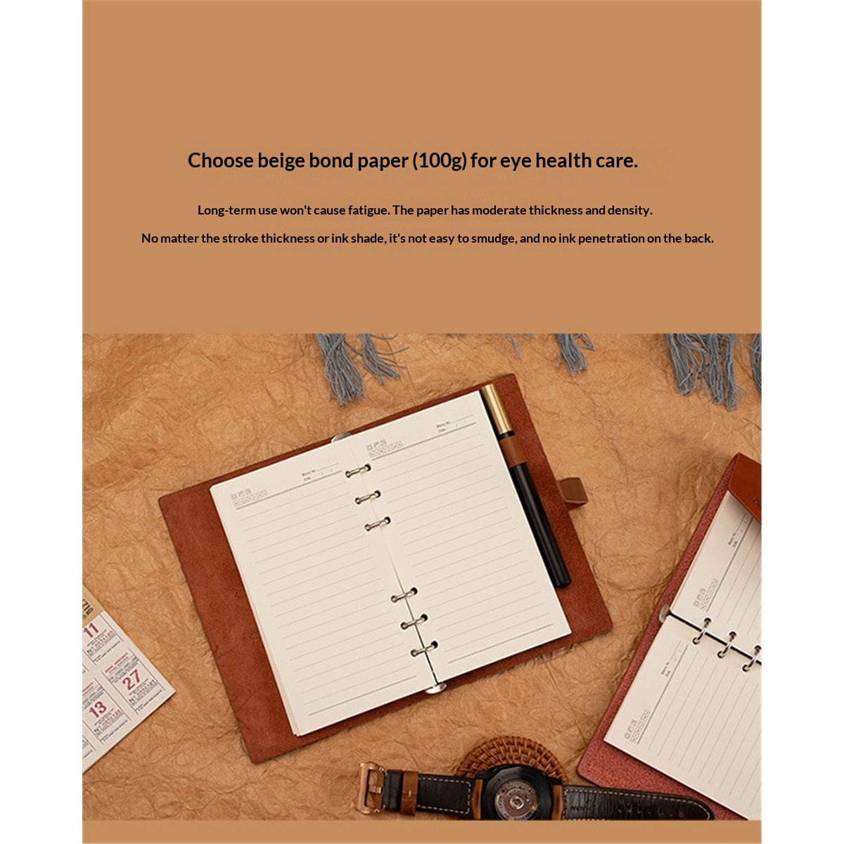 Refillable A5 Leather Binder Notebook, Reusable Leather Journal, Vintage Organizer with 6-Ring Binder, 160 Pages Lined Paper & Pocket, for Writers Business Work Study College and Daily, Light Brown