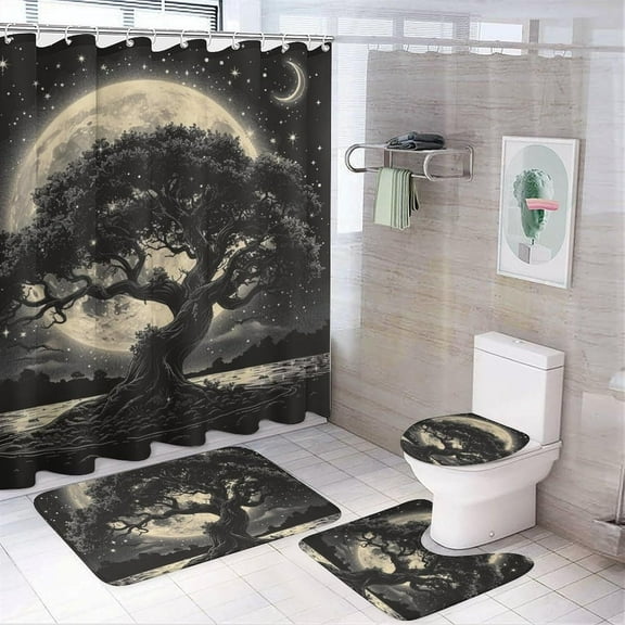 4Pcs Mystical Star Moon Shower Curtain Set, Bath Mat and Rugs, Tree of Life Fine Fantasy Shower Curtain with Hooks for Bathroom