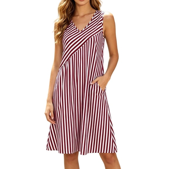 XuJwPNcy Womens Summer Dresses Sleeveless Striped Knee Length Dress with Pockets V Neck Comfortable Soft Dresses for Women