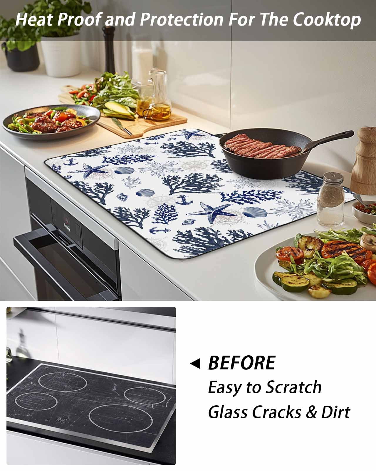 Stove Top Covers for Electric Stove, Navy Blue Coastal Glass Stovetop Cover Protector, Coral Shell Summer Beach Nautical Induction Cooktop Protector Oven Mat for Kitchen Countertop 24"x21"