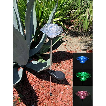 Exquisite Rose Flower Solar Garden Color Change Light set of 2, Crystal Clear Rose Flower Solar Powered Garden Yard Stake Light, have sedimen stem will light up By Ntertainment