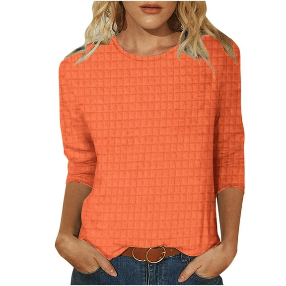 Gnshining Knit Ribbed Sweatshirt for Women 3/4 Sleeve Crew Neck Casual Tunic Pullover Fall Fashion Loose Solid Color Tops