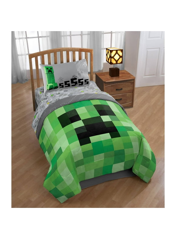 Minecraft Creeper 4 Piece Kids Twin Bed Set, 100% Microfiber, Green