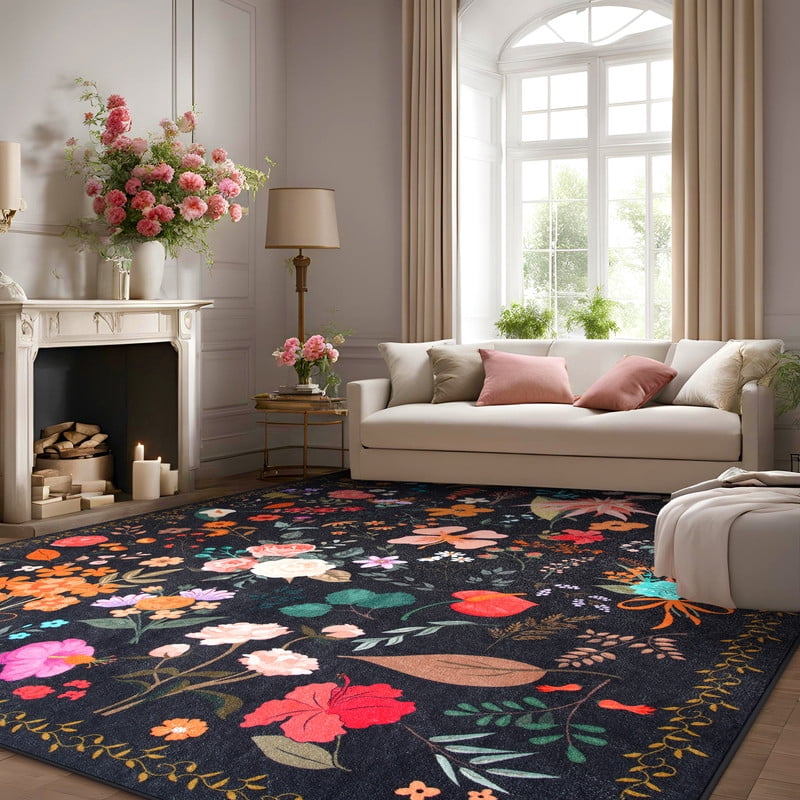 GUUCHA 5'x7'Area Rugs for Living Room Floral Print Rug Floor Carpet for Bedroom,Black