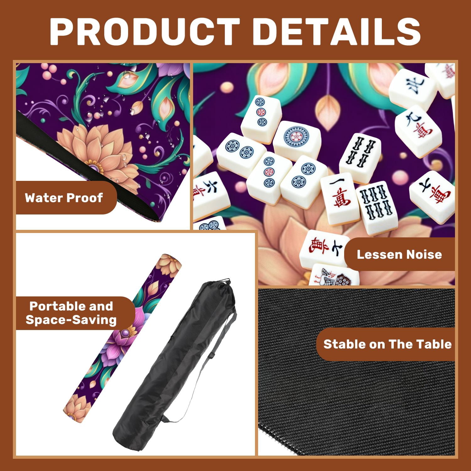 Mahjong Mat 31.5" x 31.5" Abstract geometric tiled ethnic seamless ornamental Design Non-Slip Noise Reduction American Mahjong Tiles Table Cover for Dominoes Poker Card Board Games Gift