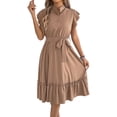 thumbnail image 3 of Women'S Summer Casual Dresses Cap Ruffle Sleeve Button Belted Midi Dress Khaki L, 3 of 9