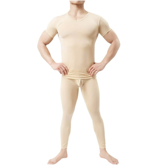 Tauxra Men's Underwear Shirts Short Sleeve T-Shirt Mesh Sheer Top Undershirt and Pants Sleepwear Sets Beige S