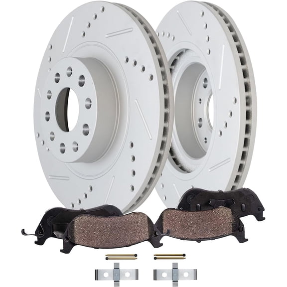 Detroit Axle - Front Brake Kit for 2016 2017 2018 Cadillac CT6, Drilled and Slotted Brake Rotors Ceramic Brake Pads: 13.58 inch Rotor