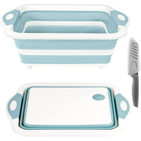 

Collapsible Cutting Board Foldable Chopping Board with Colander Multifunctional Kitchen Vegetable Washing Basket Silicone Dish Tub for BBQ Prep/Picnic/Camping(Light Blue)