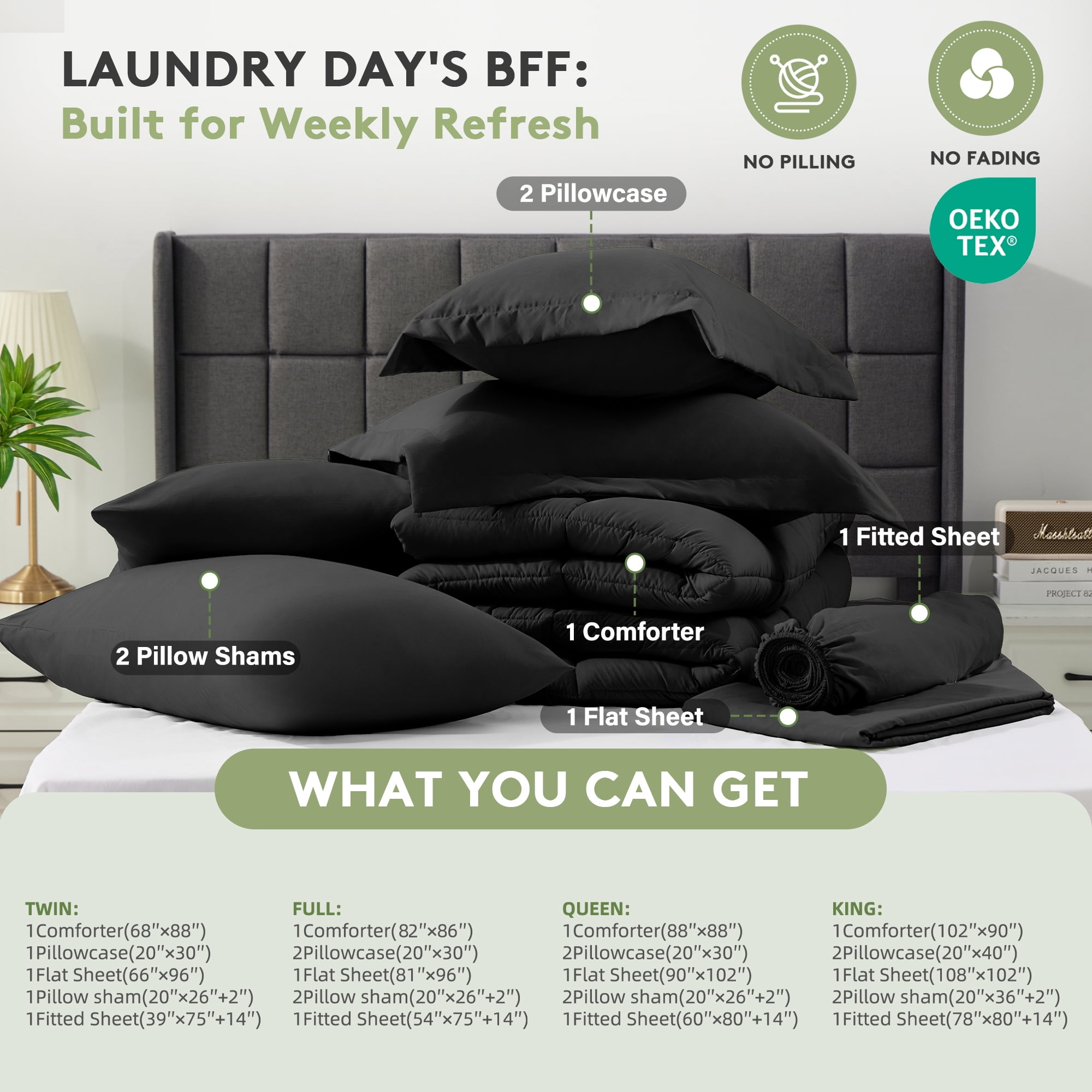WISHEAD Full Bed in a Bag Comforter Set with 7 Pieces - Black All Season Bedding Sets with Comforter, Pillow Shams, Flat Sheet, Fitted Sheet and Pillowcases
