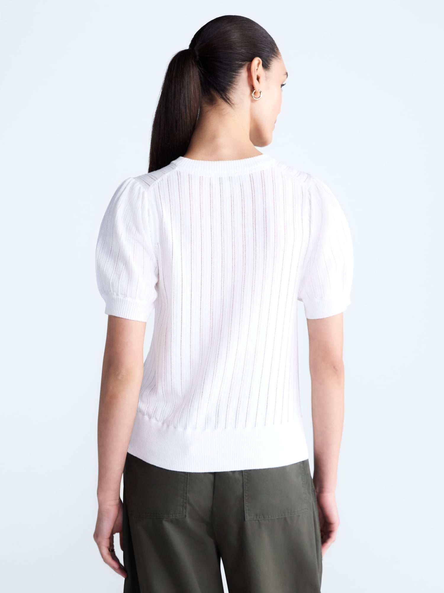 Free Assembly Women’s and Women's Plus Pointelle Sweater with Puff Sleeves, Sizes XS-4X