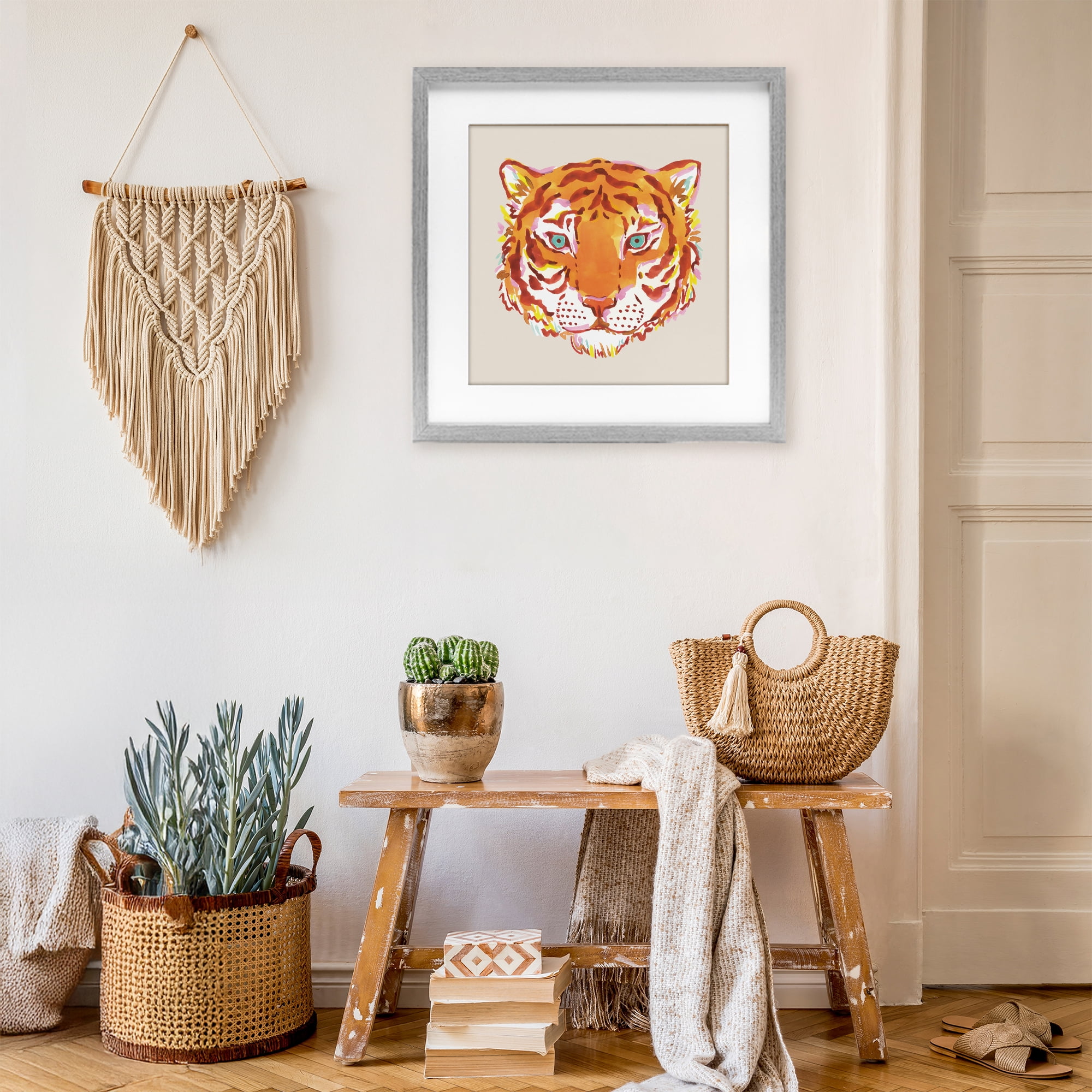 Stupell Industries Orange Boho Tiger Face Gray Framed Print Under Glass, design by Karolina Sato