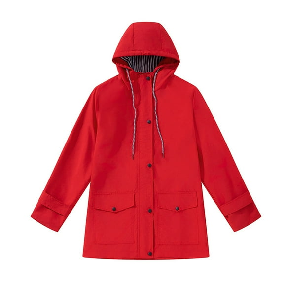 Bmisegm Girl's Casual Solid Color Striped Outdoor Windproof Jacket Hooded Jacket with Adjustable Pockets Windbreaker Jacket Womens Coats Red XXXL