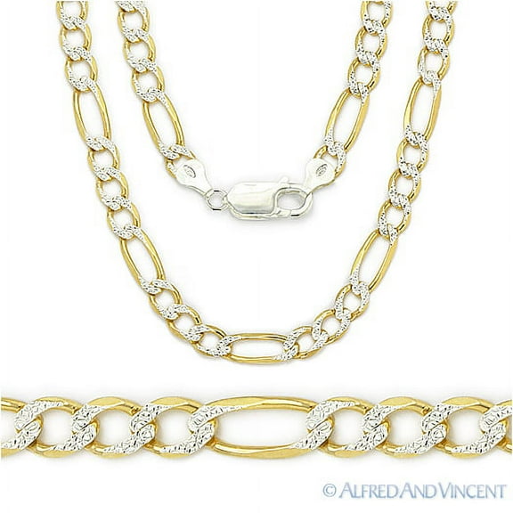 4.3mm Figaro / Figaroa D-Cut Pave Link Italian Chain Necklace in .925 Sterling Silver w/ 14k Yellow Gold