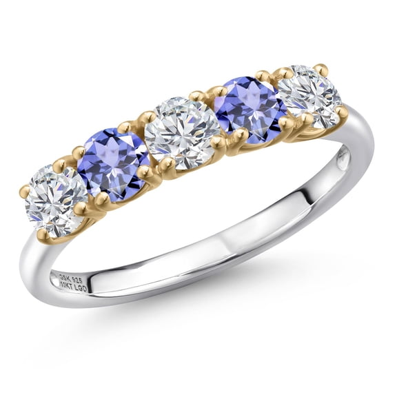 Gem Stone King 925 Silver and 10K Yellow Gold Lab Grown Diamond and Blue Tanzanite Wedding-Bands Ring for Women | 1.41 Cttw | Round 4MM | Gemstone April Birthstone | Size 5