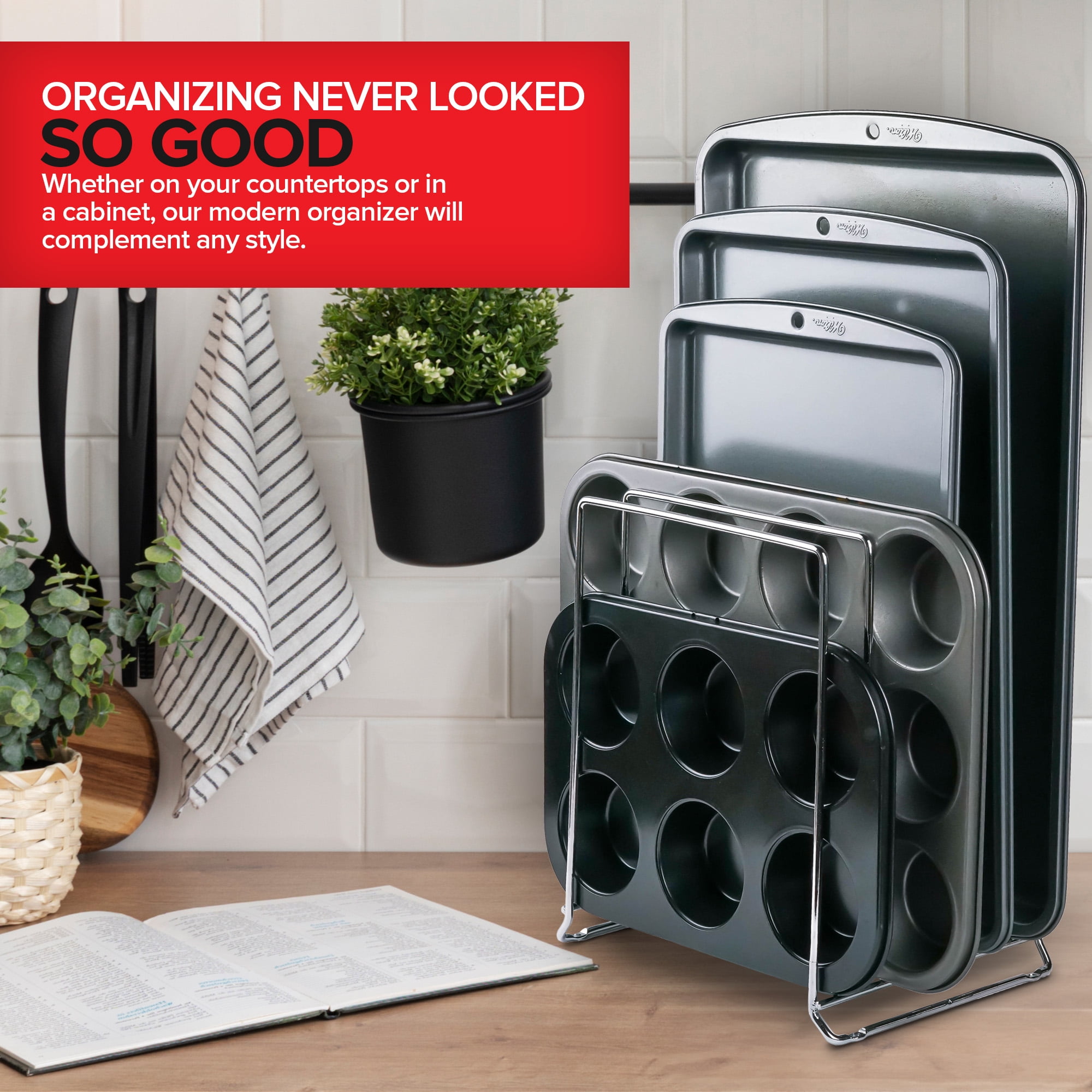 Chrome (2 Pack) Extra Tall Steel Baking Pan Organizer Rack for Cabinet Storage or Kitchen Counter, Cookie Baking Sheet Organizer with Dividers, Muffin Tin and Cutting Board Holder, Stock Your Home