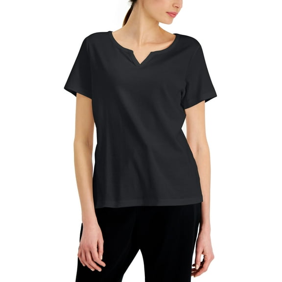 Karen Scott Cotton Split Neck Top Deep Black XS