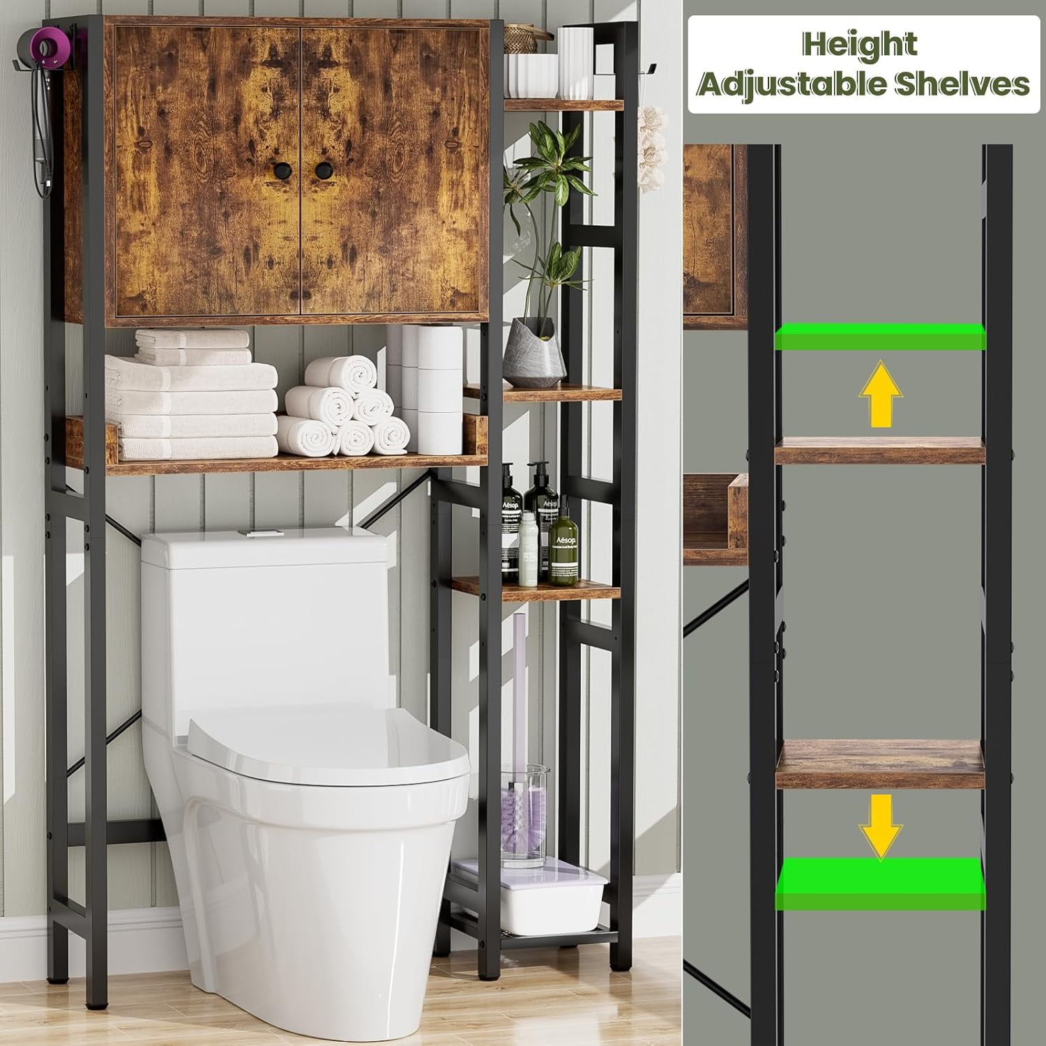 iSunirm Over The Toilet Storage Cabinet with Doors, 7 Tier Freestanding Bathroom Organizer with Adjustable Shelf & 4 Hooks for Bathroom, Restroom, Laundry, Rustic Brown