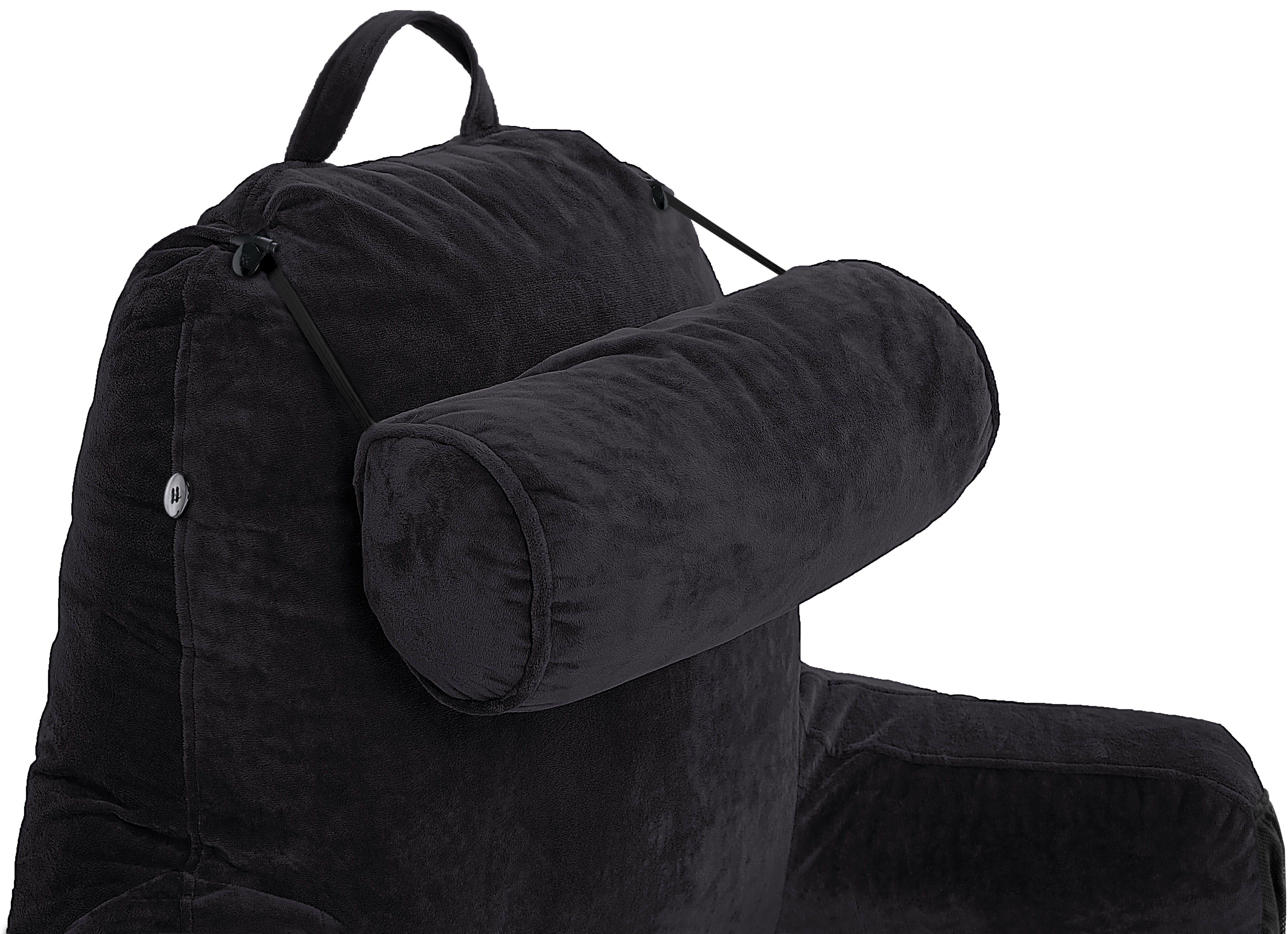 Husband Pillow Medium Black, Backrest for Kids, Teens, Petite Adults - Reading Pillows With Arms, Adjustable Loft, Plush Memory Foam, Bed Rest Chair for Sitting Up, Detach Neck Roll, Removable Cover