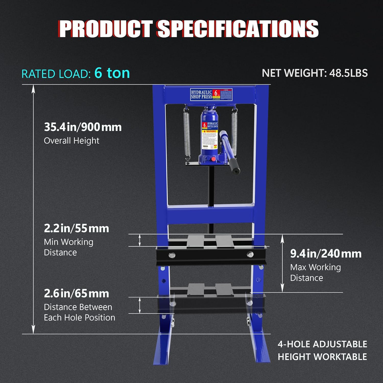 6-Ton H-Frame Shop Press – Adjustable Hydraulic Press With Stamping Plates For Bending, Straightening, Bearing Installation, And U-Joint Work