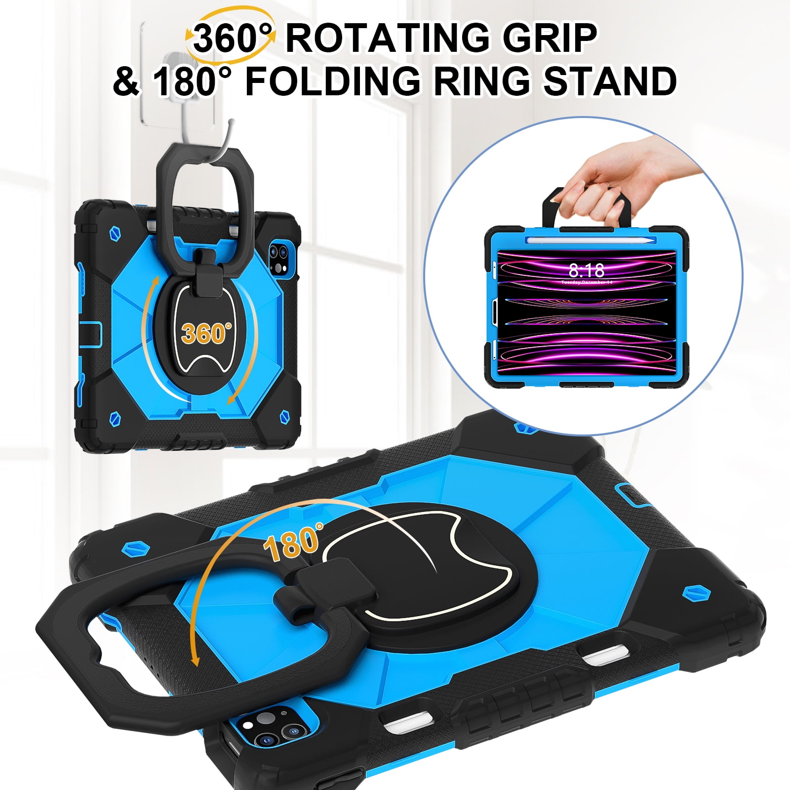 Dteck with Pencil Holder Case for iPad Pro 11-inch 4th 3rd 2nd 1st Gen,iPad Air 5th/4th Generation Heavy Duty Silicone Case 360 Degree Rotating Handle Stand Cover with Shoulder Strap,Black+Blue