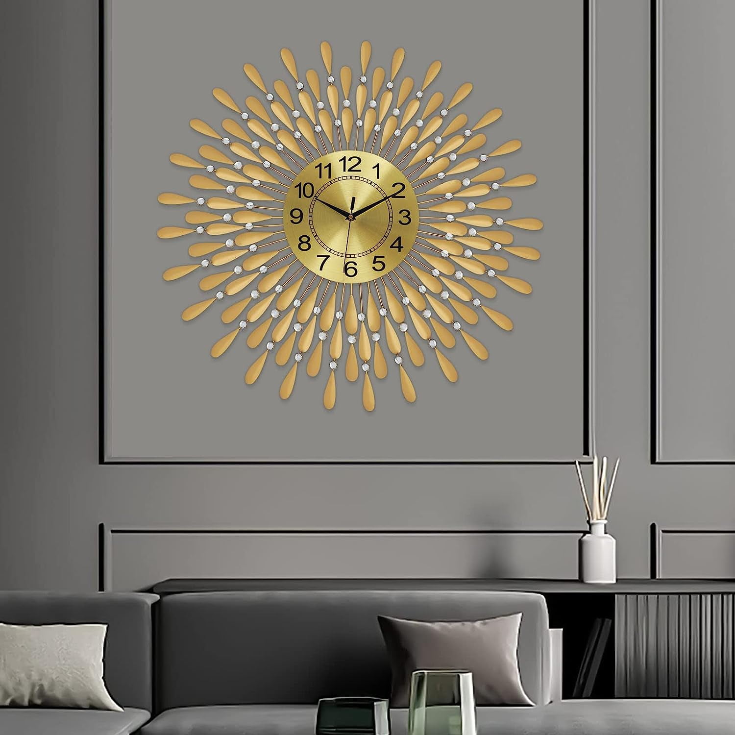 Miumaeov Modern Crystal Wall Clock 27.6in Large Metal Silent Clock Decorative Battery Operated for Living Room Bedroom Office Home