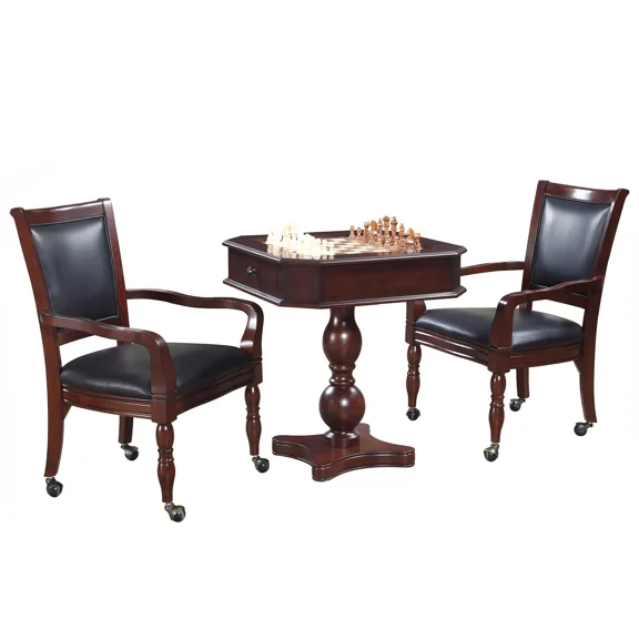 Blue Wave 3-Piece Wood Fortress Game Table Set with Padded Arm Chairs, Mahogany and Black