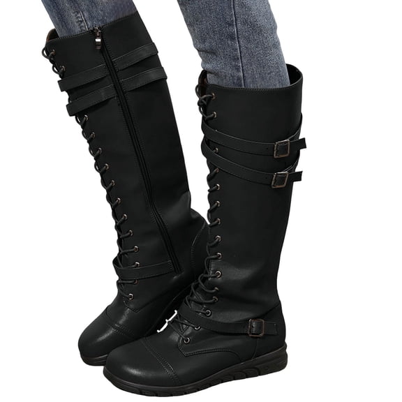 Rokment Vintage Knee High Combat Boots for Women Casual Buckles Leather Lace up Platform Wedge Mid Heels Mid Calf Motorcycle Riding Tall Booties