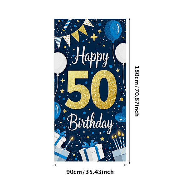 Navy Blue Happy 50 Birthday Banner with Glittery Numbers Balloons Stars and Gifts Party Decoration Background Backdrop for Photography Birthday Party Supplies Decor Props